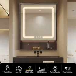 Koniseur spejlskab i valnøds look med LED lys, antidug og touchsensor - H75 x B60 x D14 cm